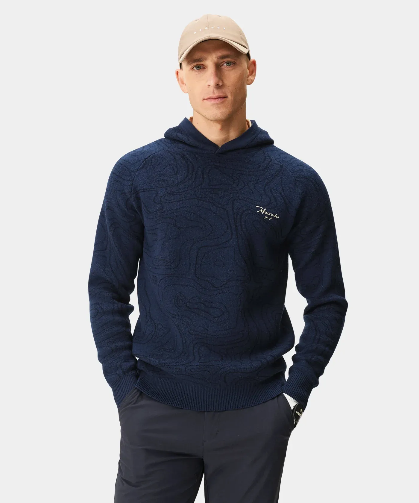Macade Dark Blue Script Knit Hoodie