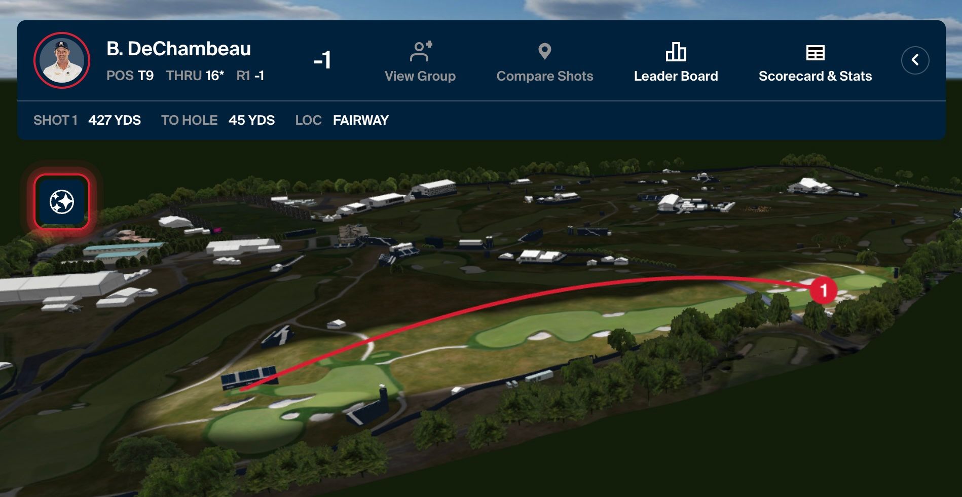 Golf course map on screen showing shot trajectory and 'B. DeChambeau' profile.