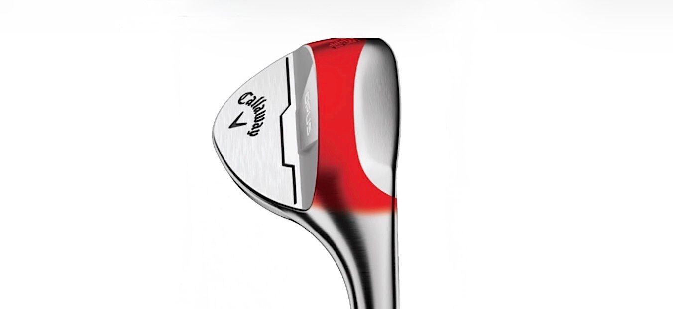 Close-up of a chrome golf club head with a distinct red design and logo.