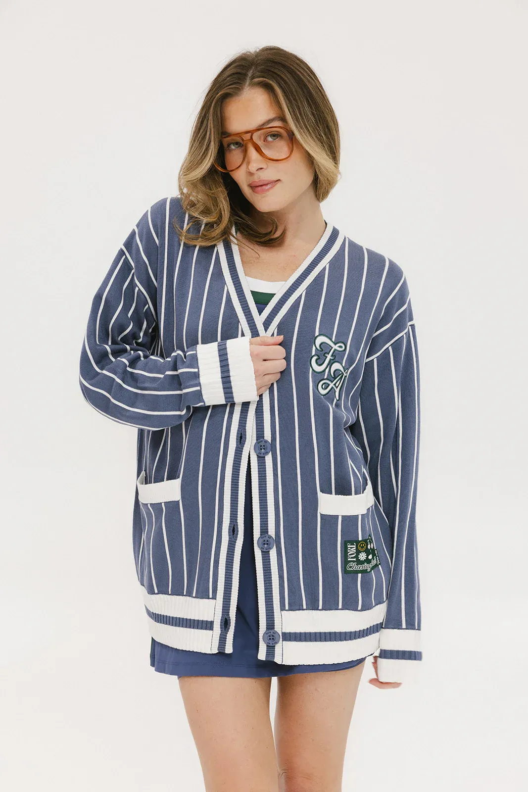 Fore All Dot Cardigan - Pinstripe Indigo