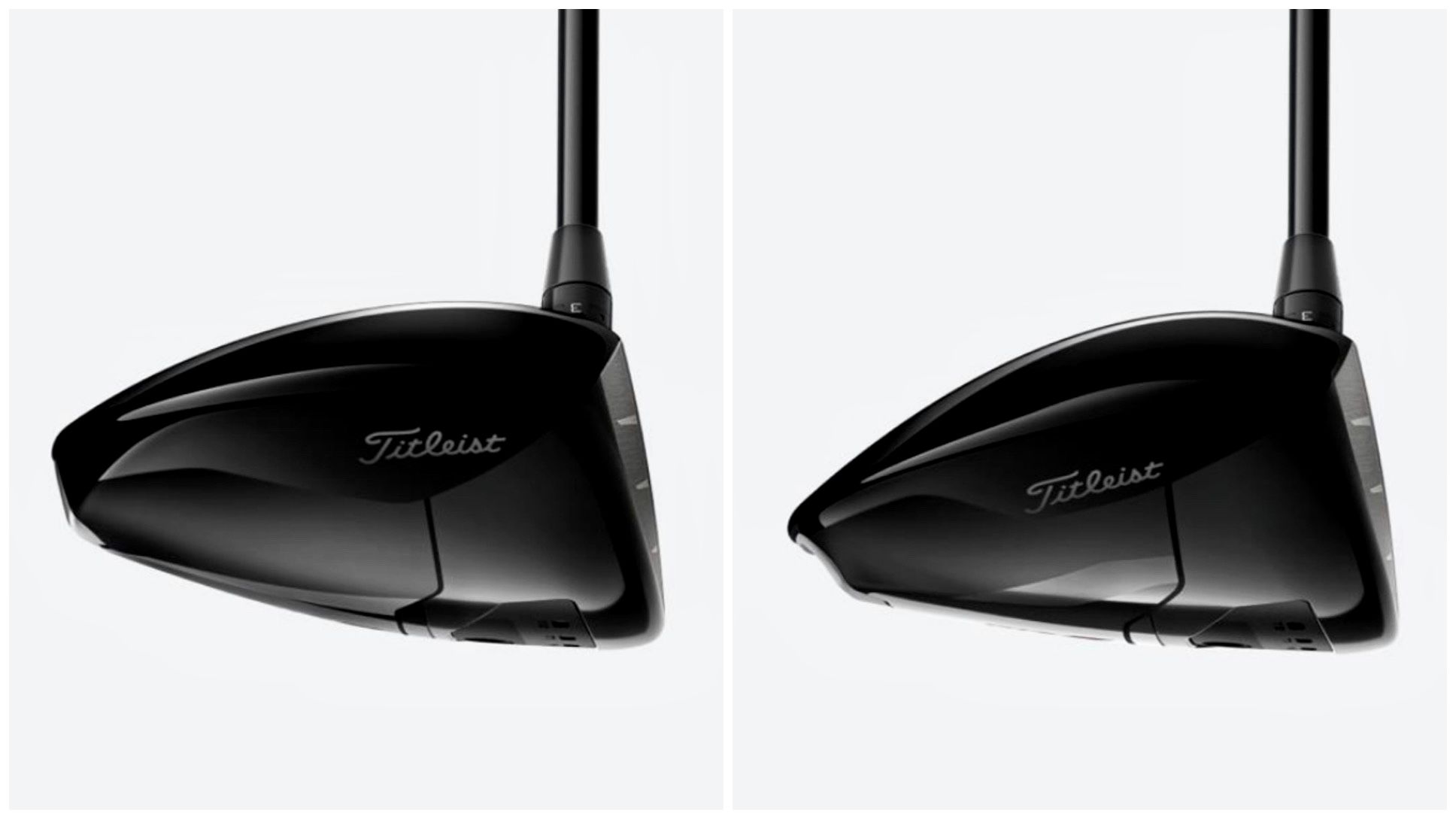 Two black golf club driver heads are shown from the sole, side-by-side.