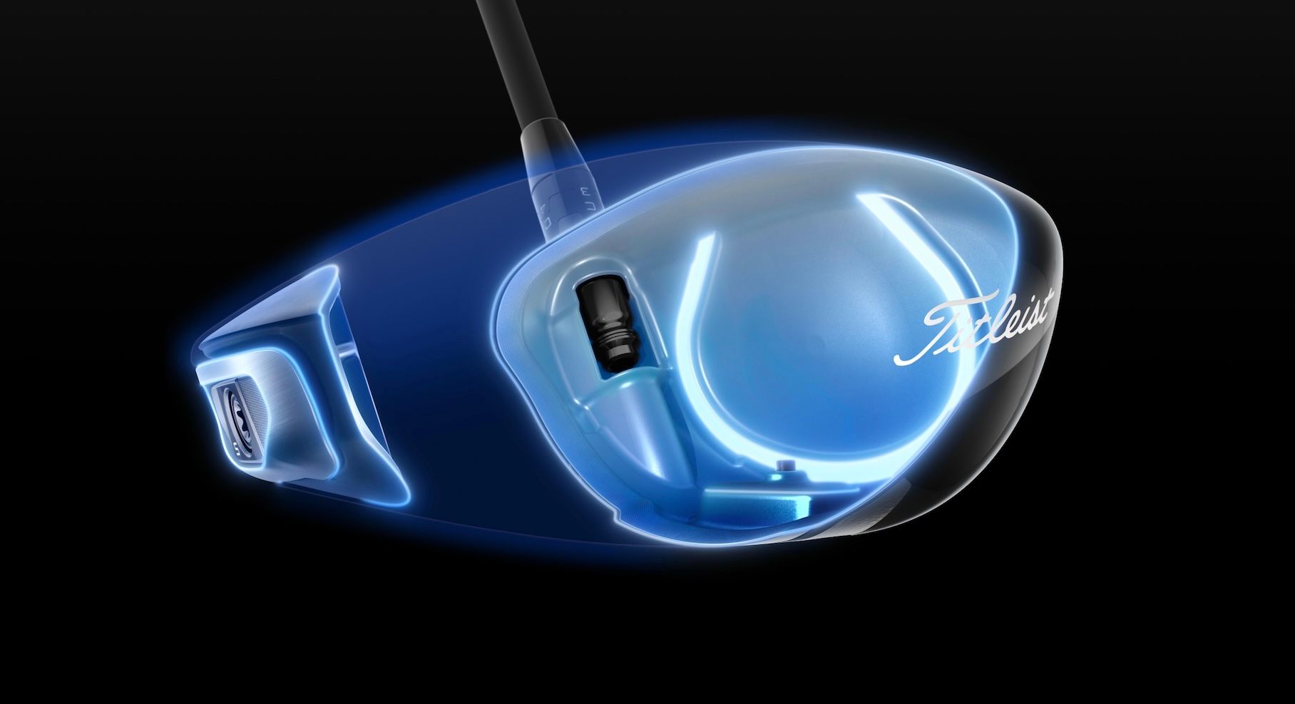 Glowing blue outline of a modern golf club driver head on a dark background.