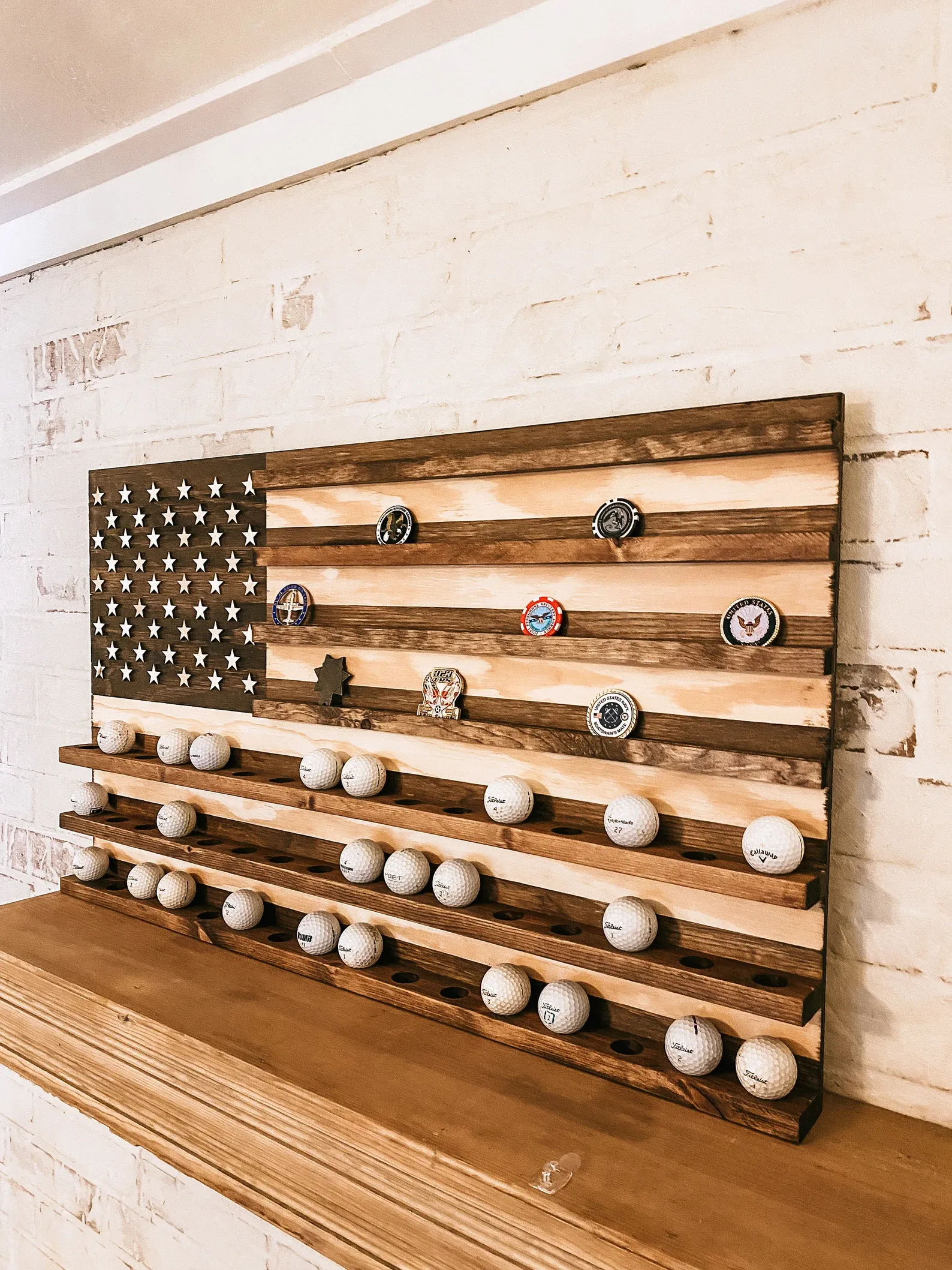 Golf Ball ~ Ball Marker Display Rack Rustic Wood American Flag Sign