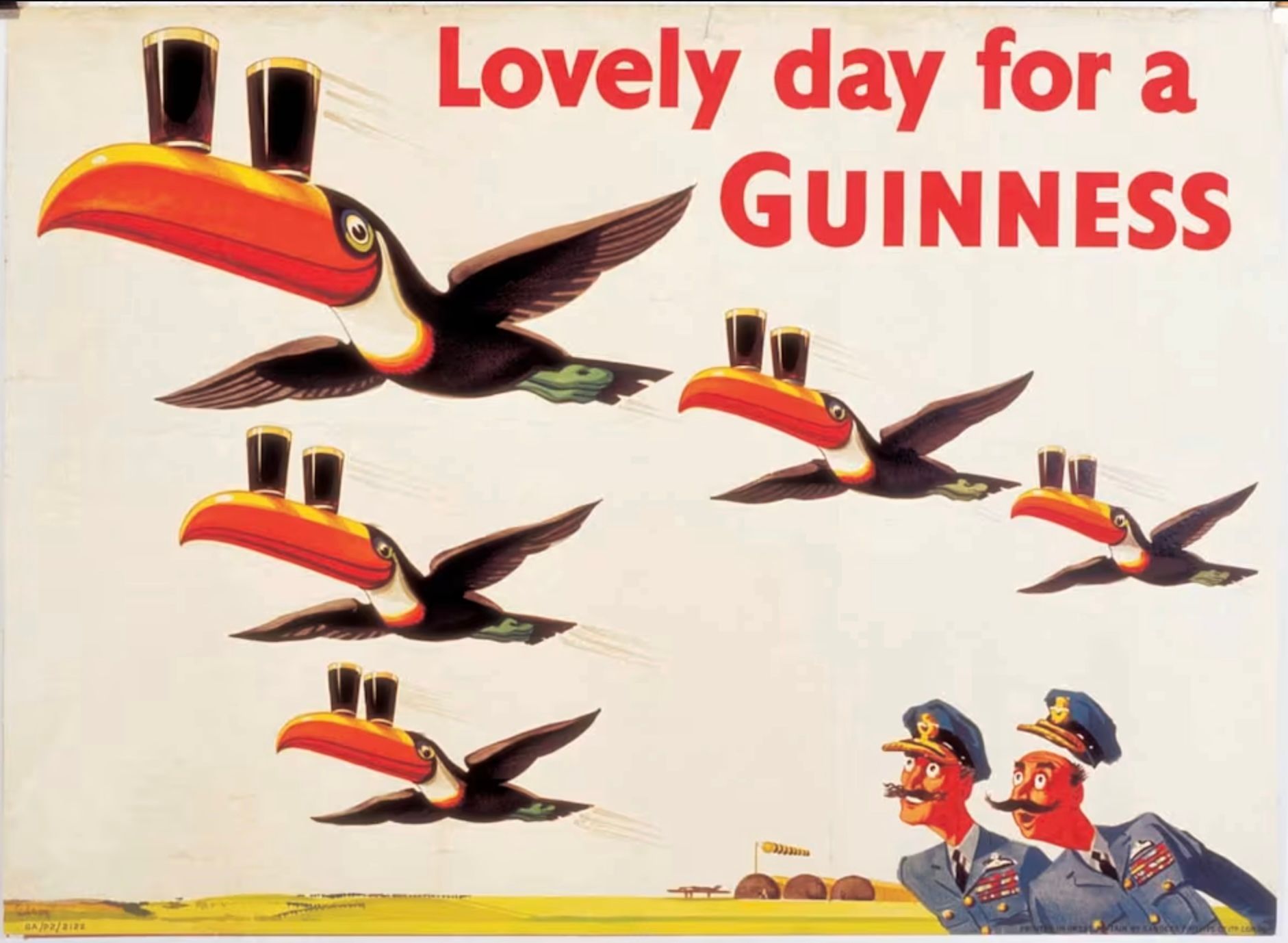 Vintage Guinness ad: toucans fly carrying stout, men below, text 'Lovely day for a GUINNESS'.