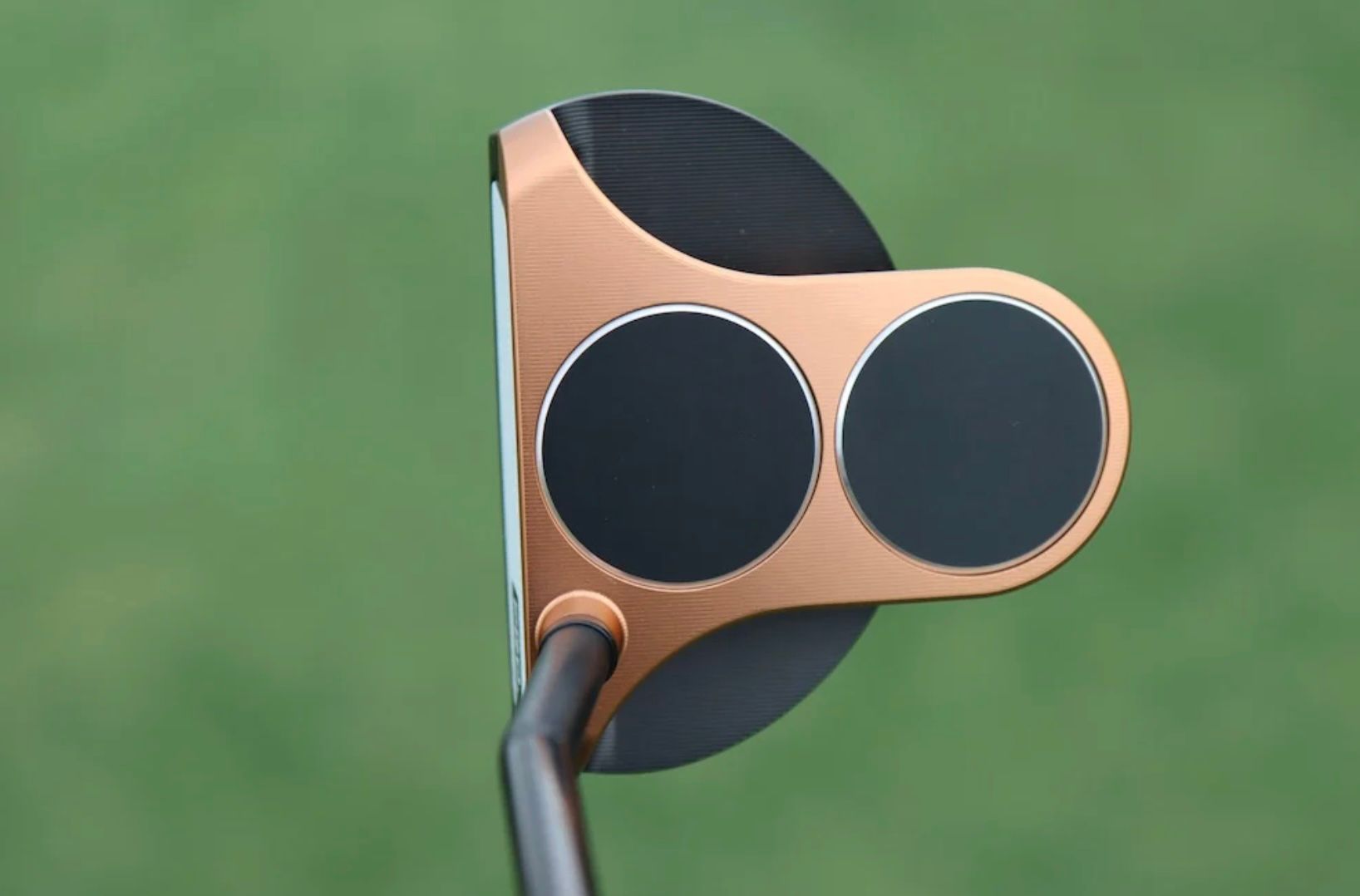 Close-up of a copper mallet golf putter head with two black alignment circles.