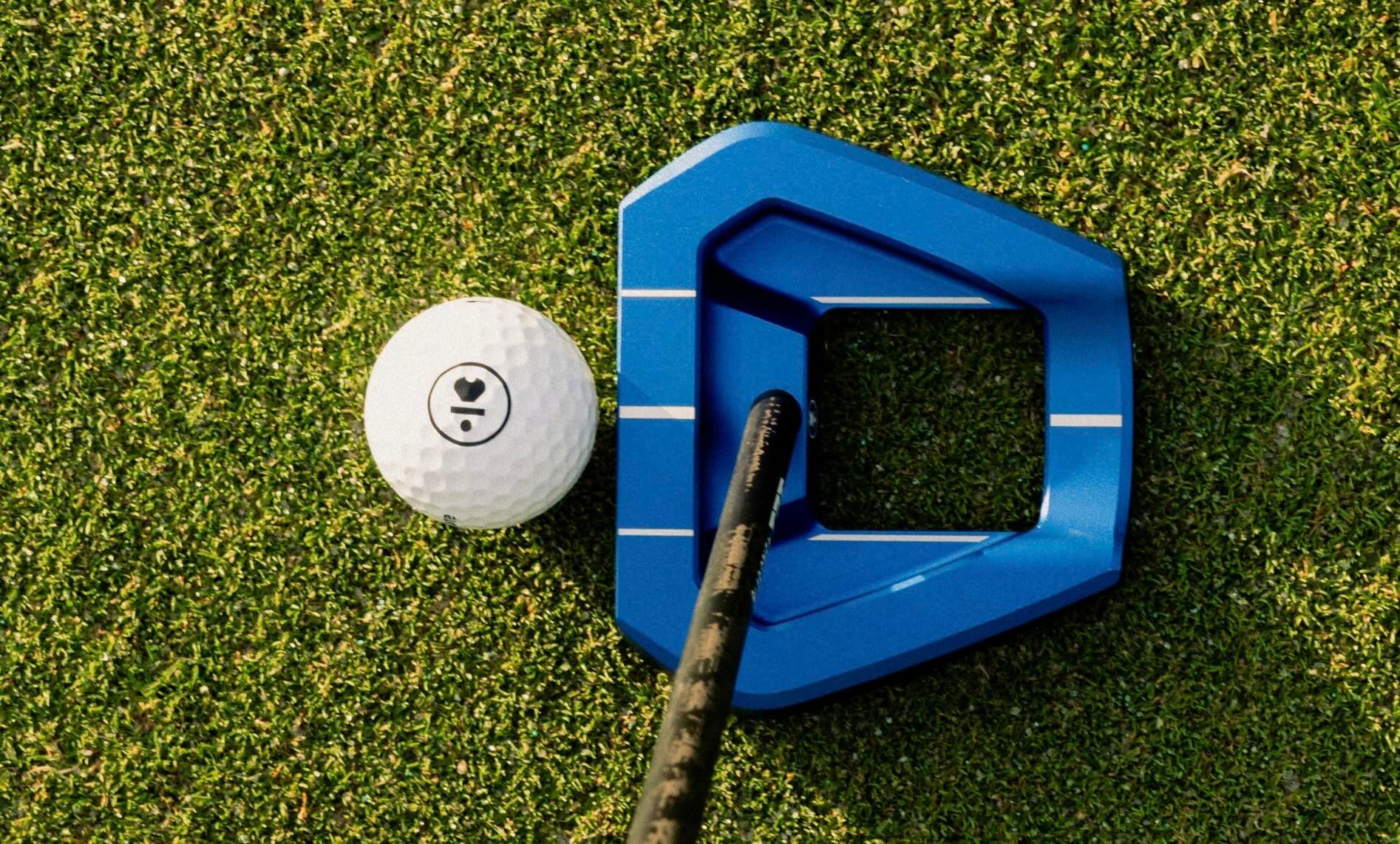 White golf ball next to a blue geometric putter on lush green grass, overhead view.