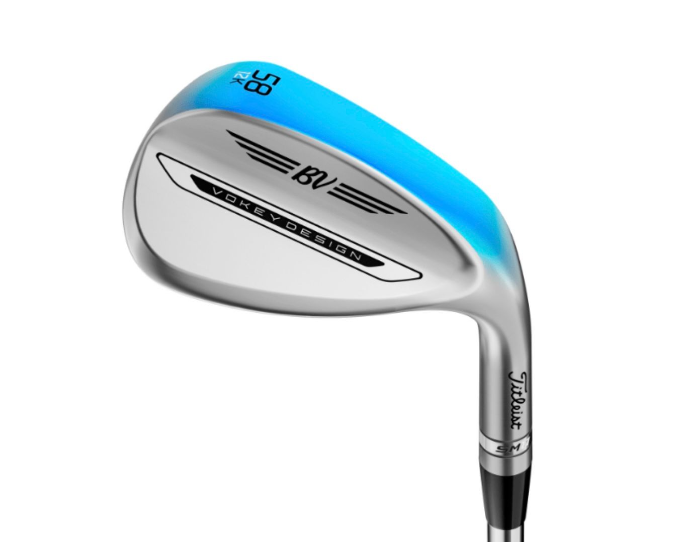 A sleek silver golf club wedge with a vibrant light blue top and modern design.