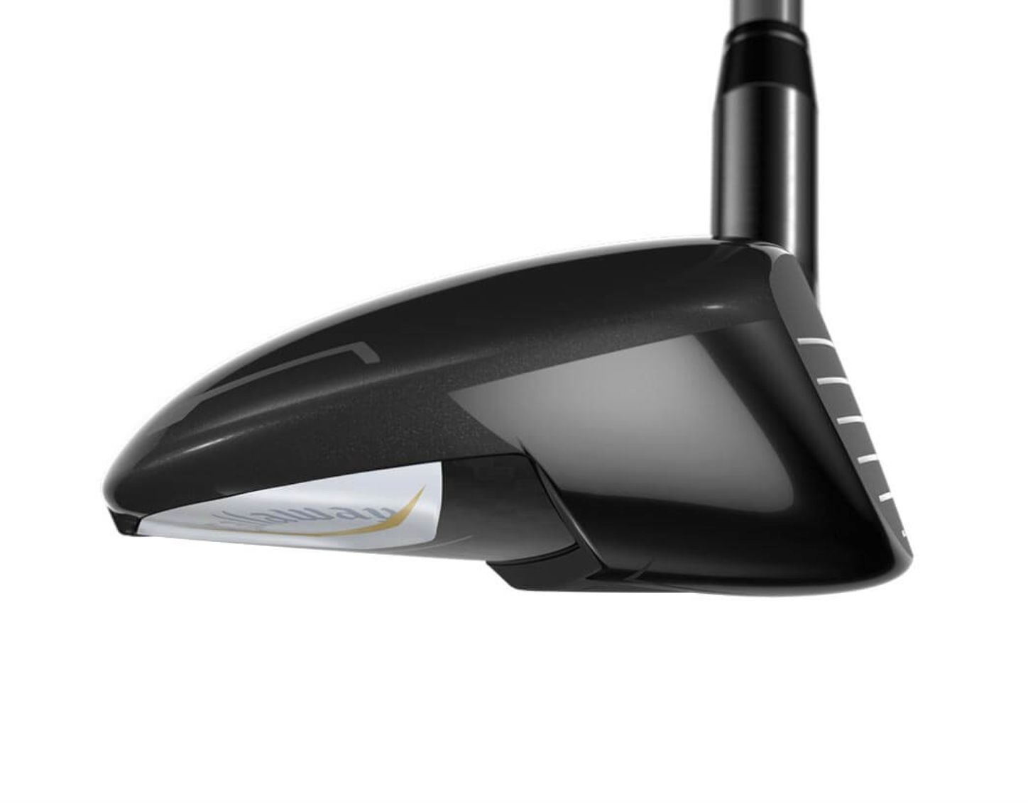 Sleek black golf club head with metallic sole accents on a white background.