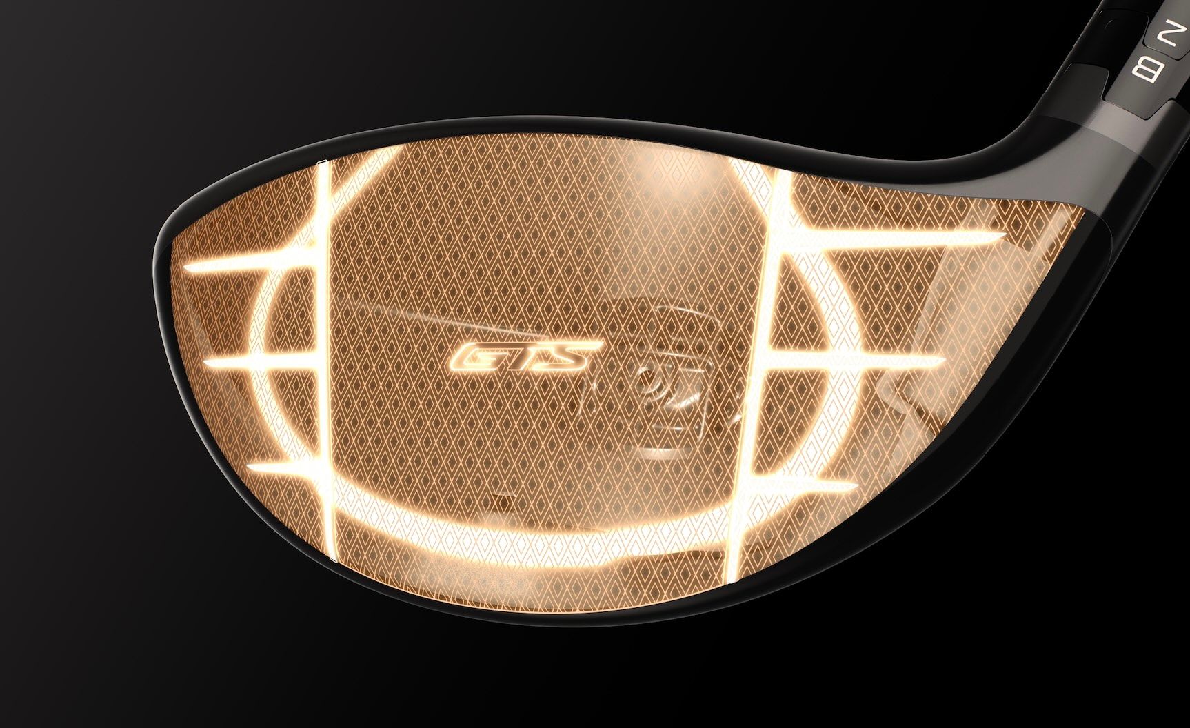 Close-up of a golden golf club face with glowing grid lines and 'Ai CC' text.
