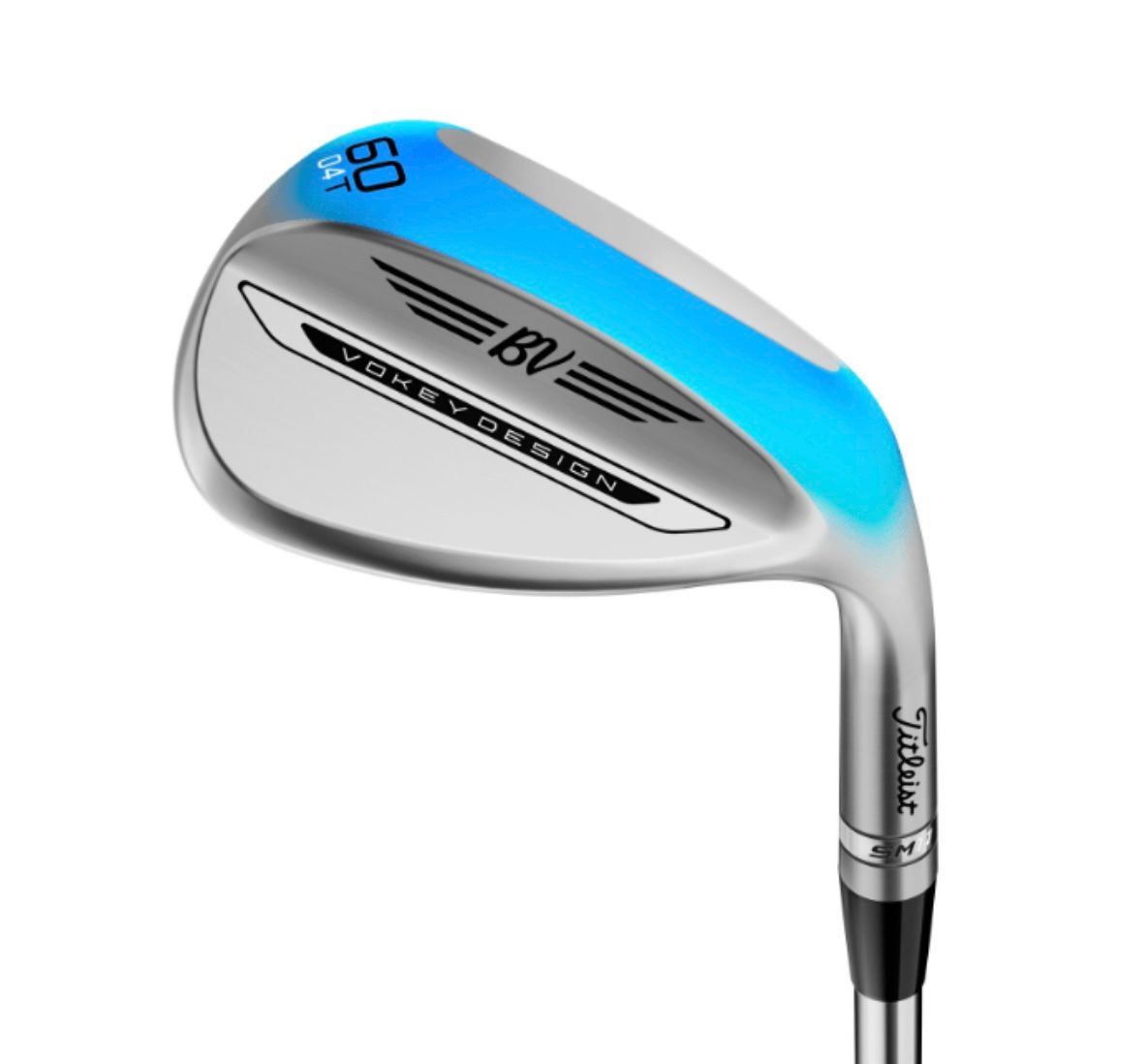 Silver golf wedge with a bright blue accent on the clubhead and 'WEDGE WORKS' text.