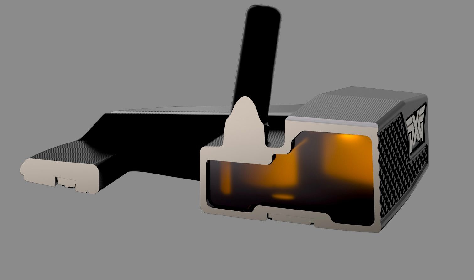 A sleek black and silver device with an orange illuminated interior, possibly a scanner or diagnostic tool.