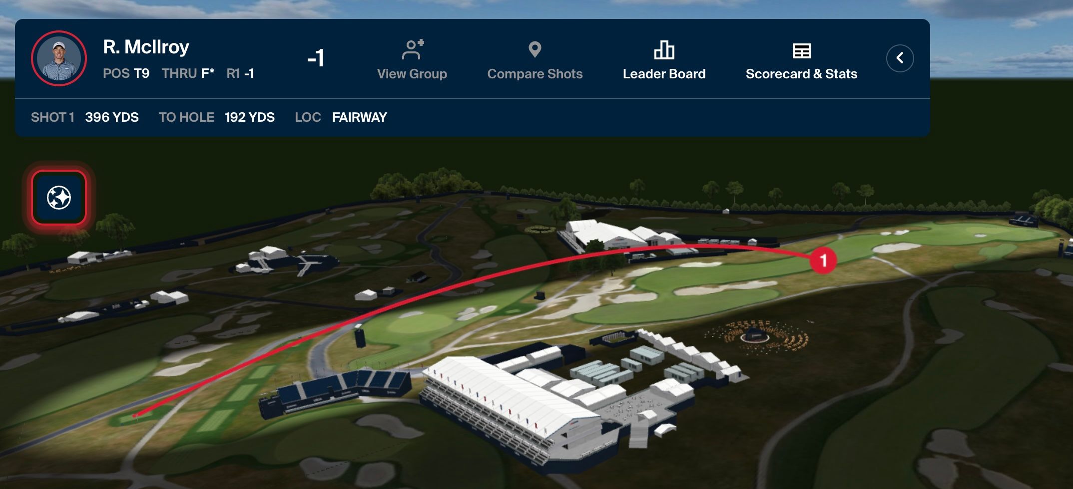Digital golf course map showing fairways, greens, and clubhouse with an interface overlay.