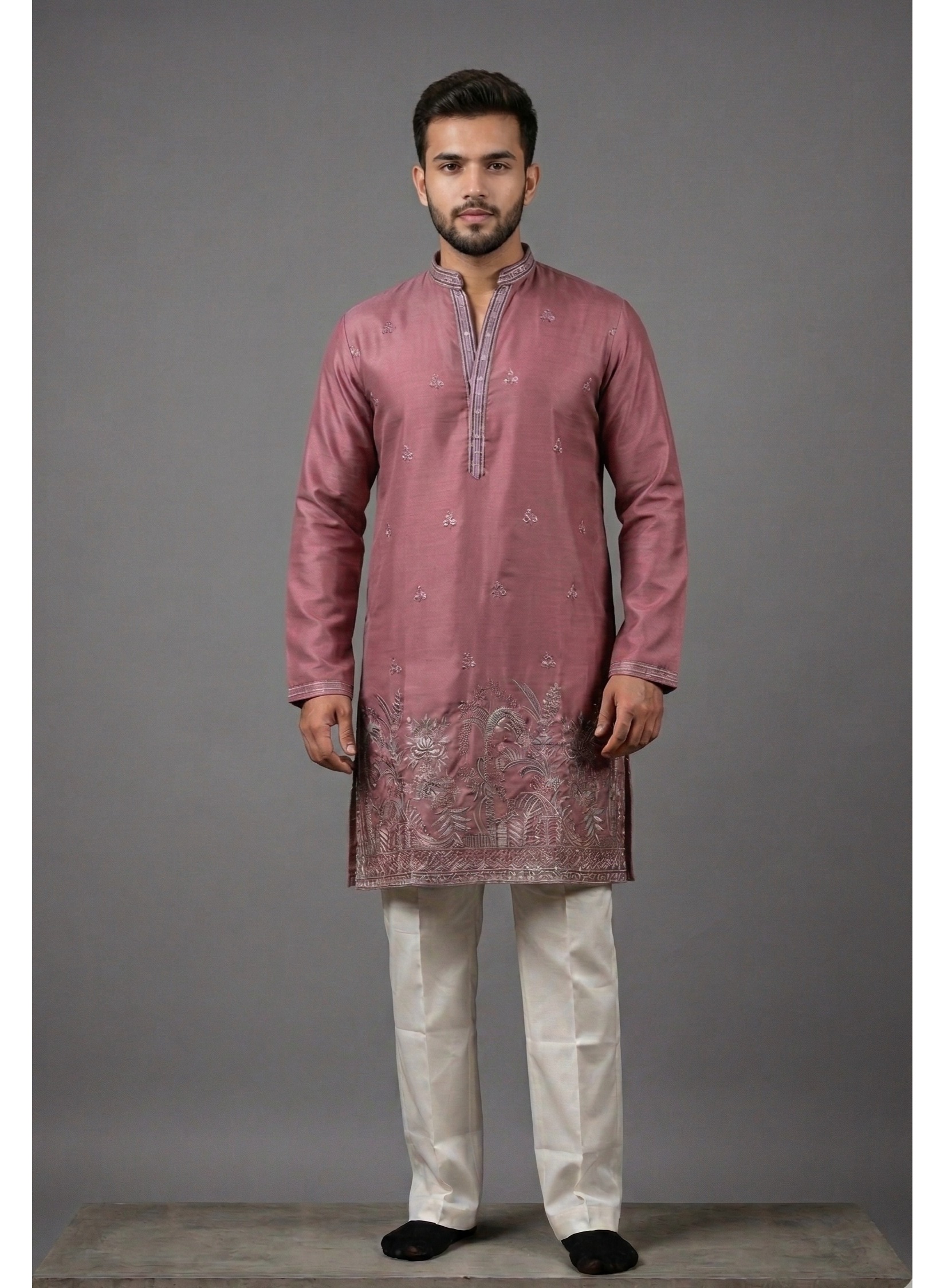 Elegant mauve silk kurta with intricate hem embroidery — Kurta Sets | Lehar Clothing UAE