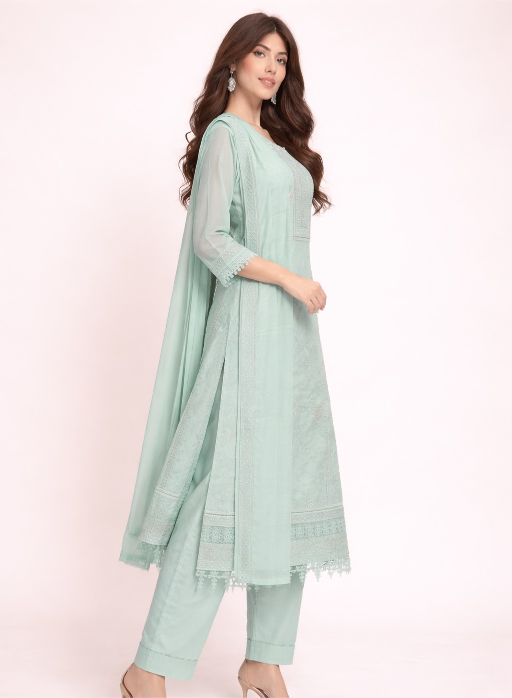 Elegant mint green embroidered organza salwar kameez — Kurta Sets — view 2 | Lehar Clothing UAE
