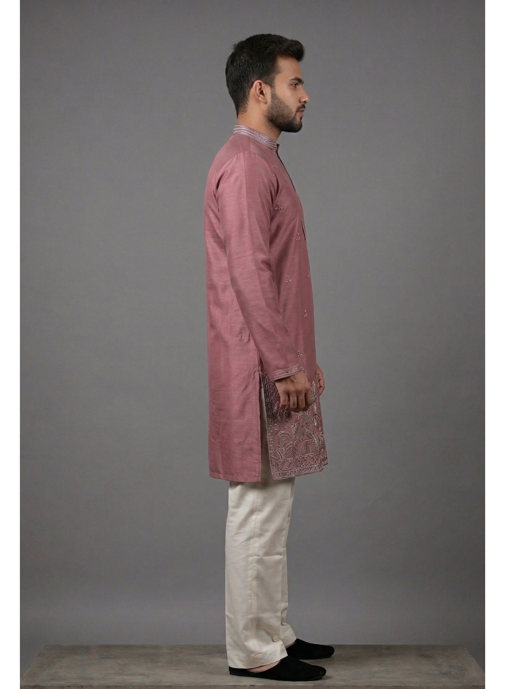 Elegant mauve silk kurta with intricate hem embroidery — Kurta Sets — view 2 | Lehar Clothing UAE