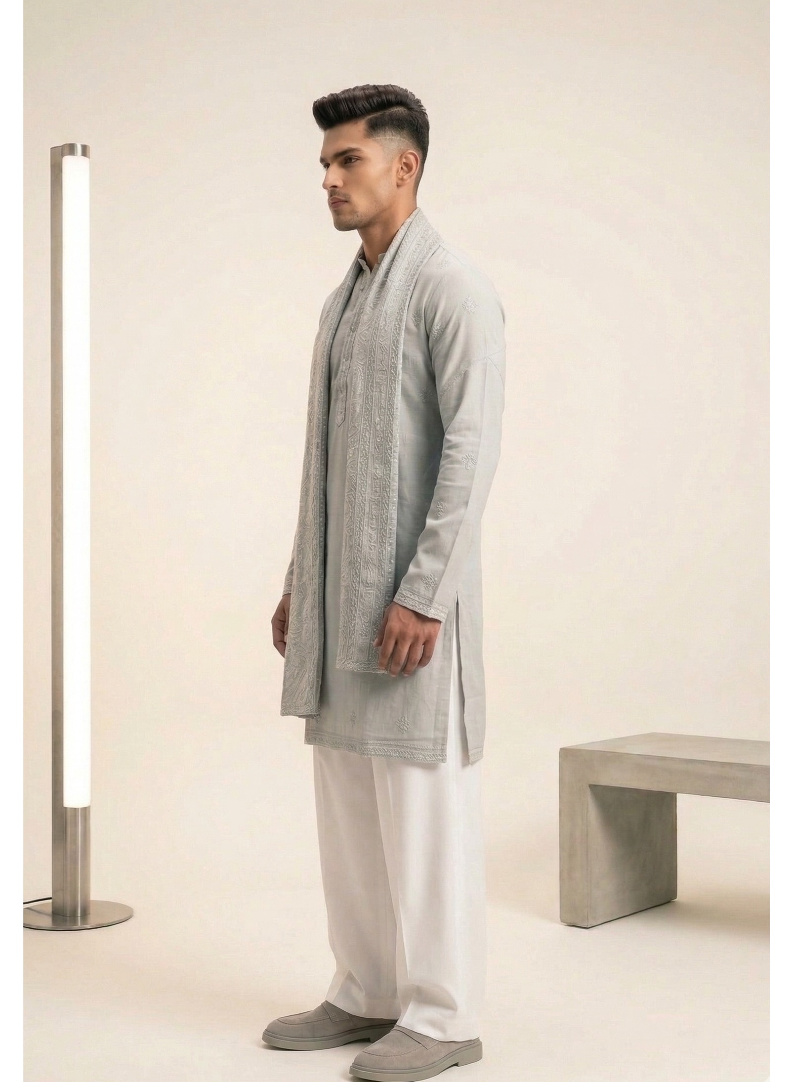 Premium embroidered pastel gray kurta set with stole — Kurta Sets — view 2 | Lehar Clothing UAE