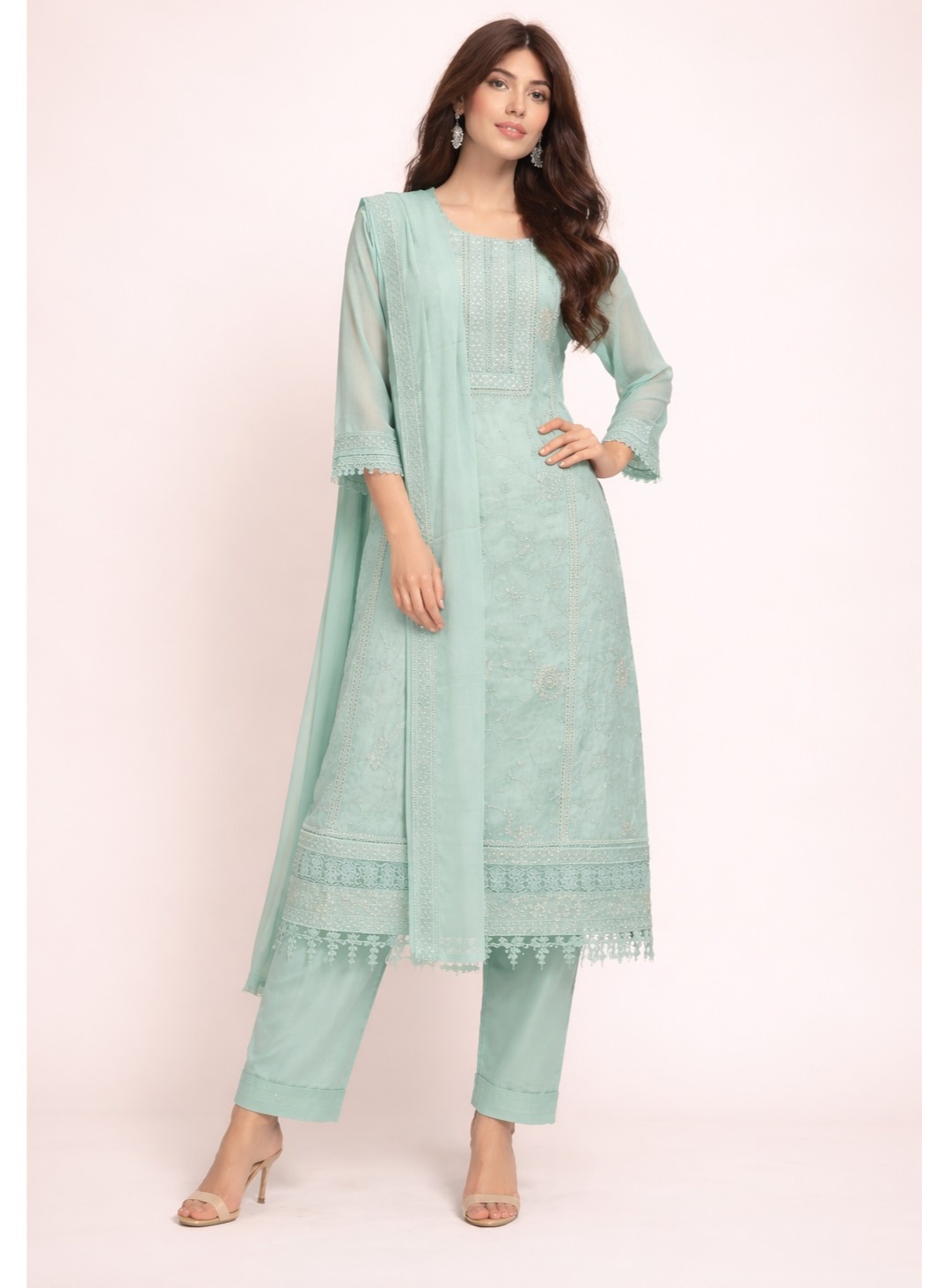 Elegant mint green embroidered organza salwar kameez — Kurta Sets | Lehar Clothing UAE