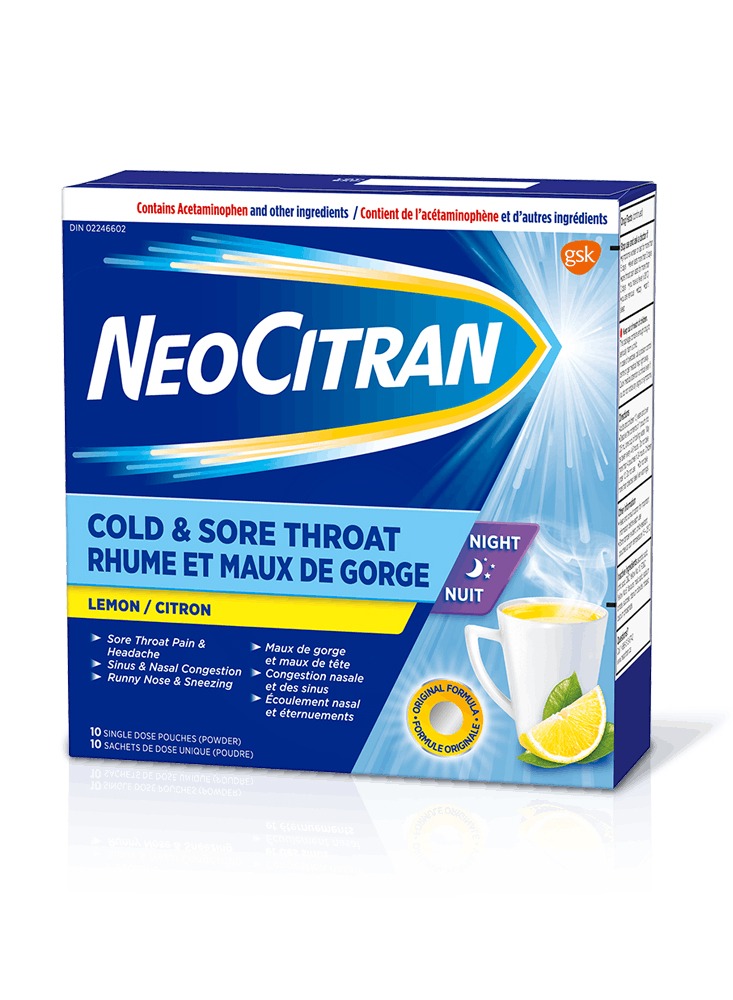 NeoCitran Cold and Sore Throat, Night Lemon, 10 Count