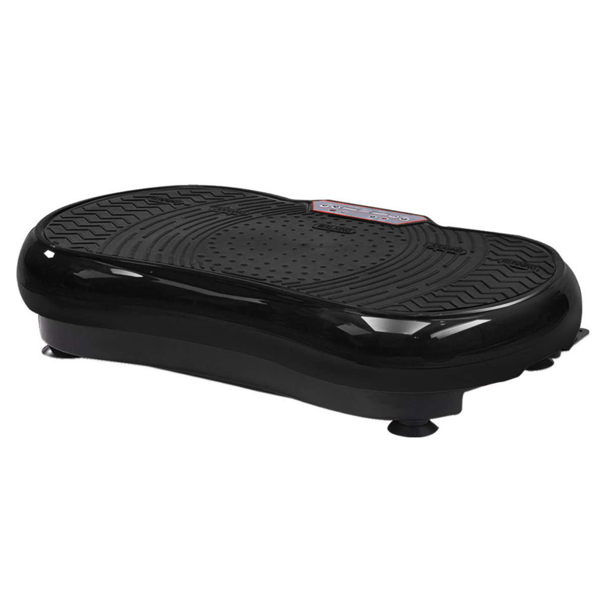 A black vibration platform with a textured surface and a digital control panel, featuring 'WALKING' and 'RUNNING' zones.