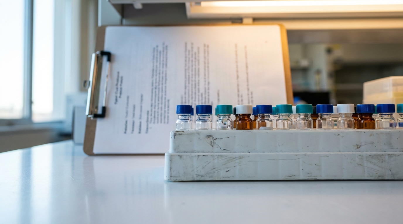 Organized peptide vials with colored caps in lab rack beside protocol clipboard