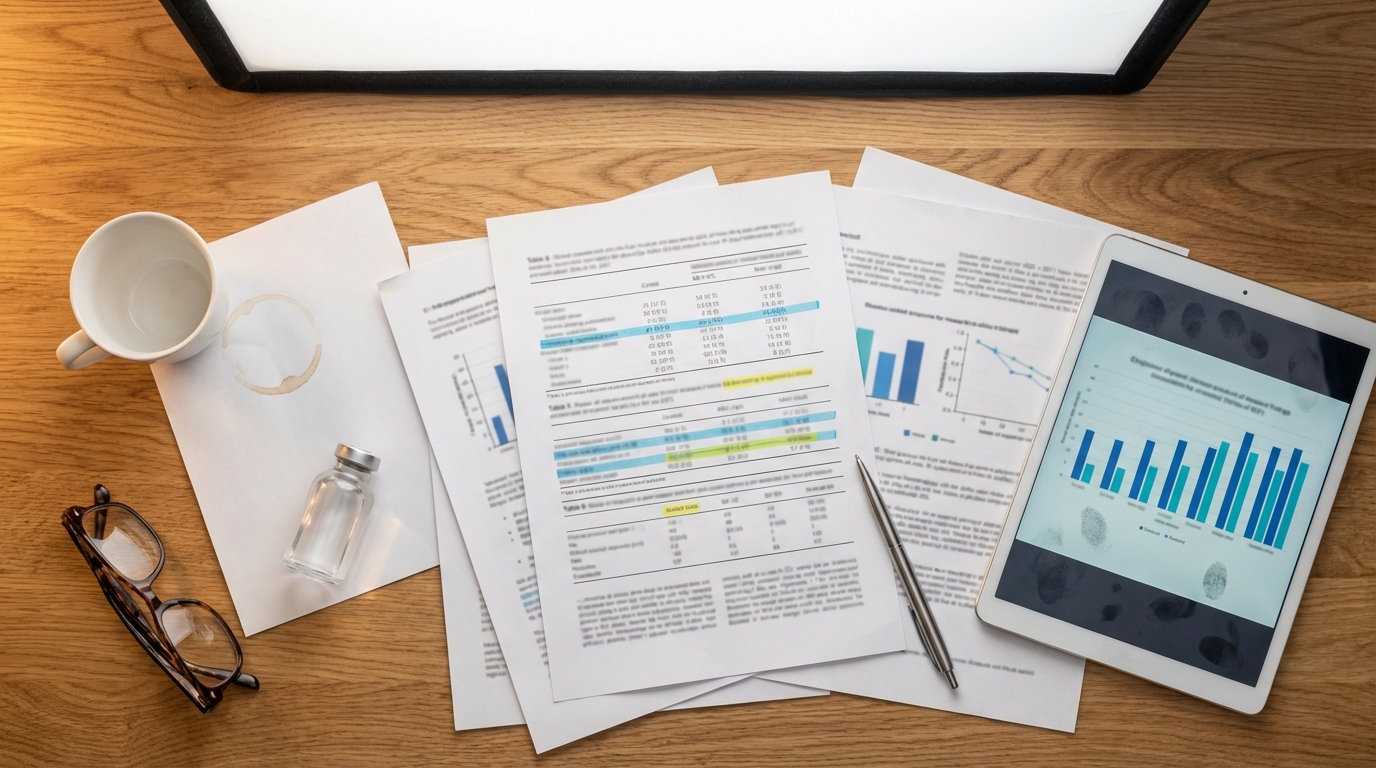 Research papers with highlighted passages, tablet with data charts, and peptide vial on desk