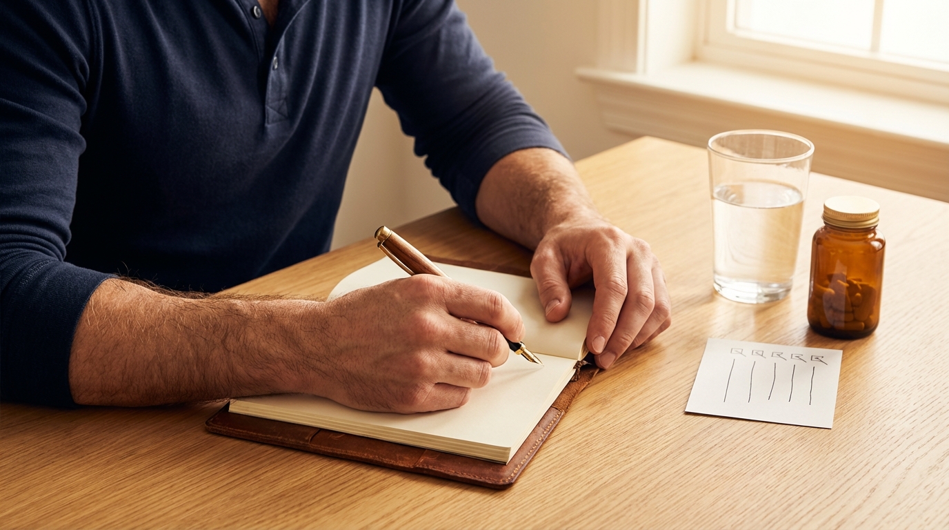 Man writing in wellness journal with supplement bottle and checklist