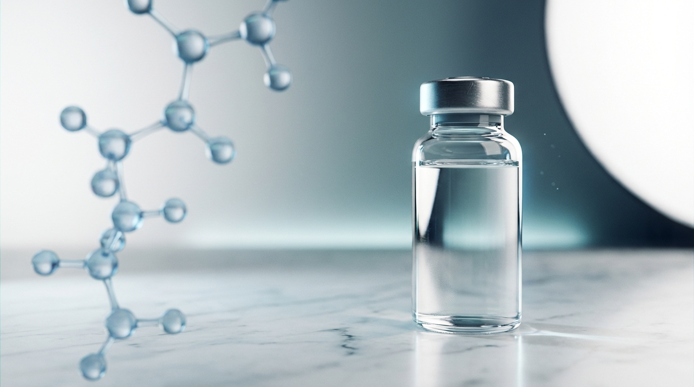 Peptide vial and molecular structure on clean lab surface