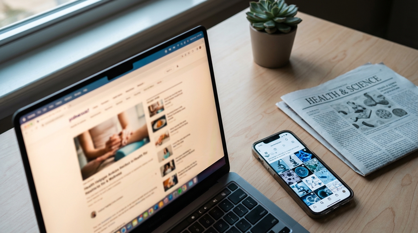 Laptop, phone, and newspaper showing peptide health coverage in 2026