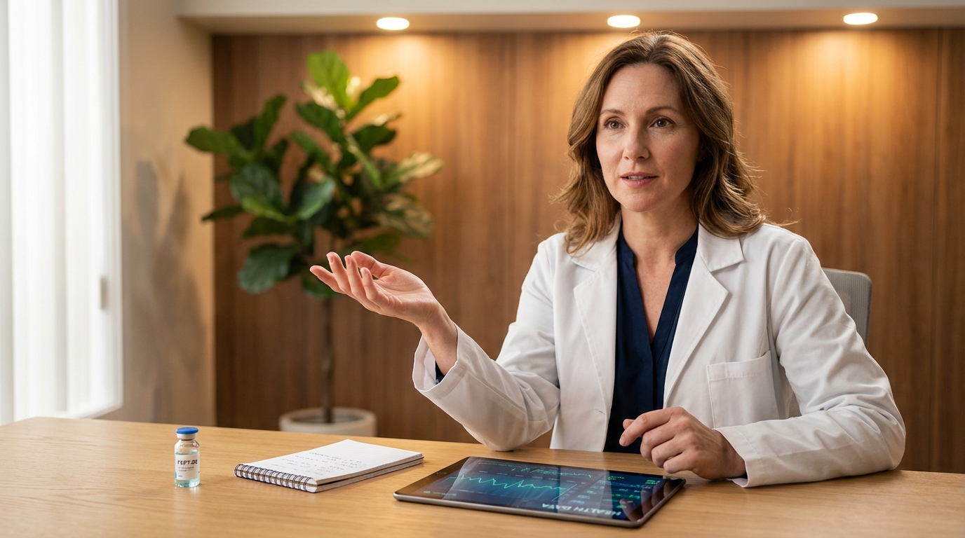 Doctor in modern consultation room discussing peptide therapy