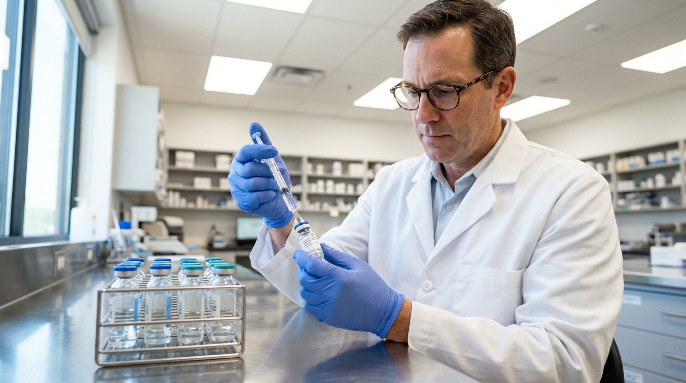 Compounding pharmacist preparing peptide vials in a clean pharmacy lab