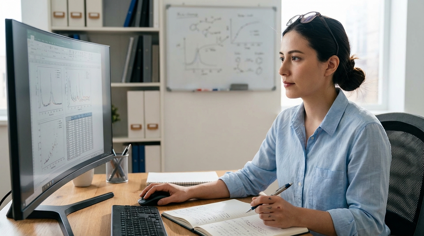 Female researcher analyzing clinical study data on a monitor