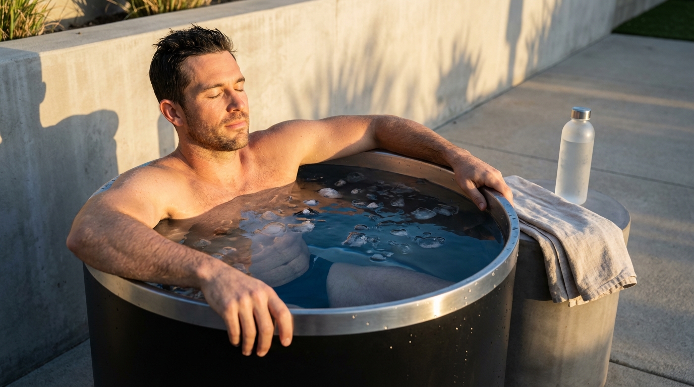 Man recovering in an ice bath on a modern patio at golden hour
