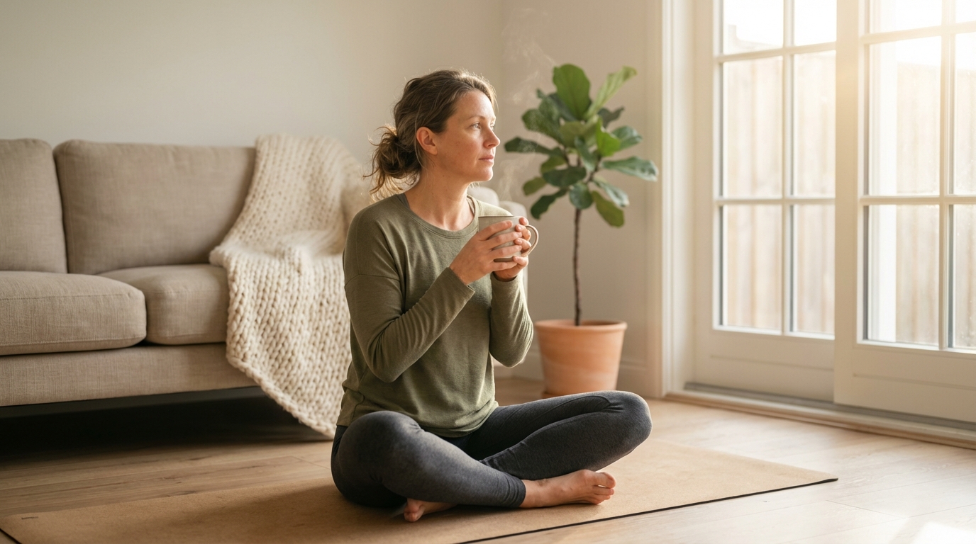 Woman sitting cross-legged on yoga mat holding tea, calm morning light