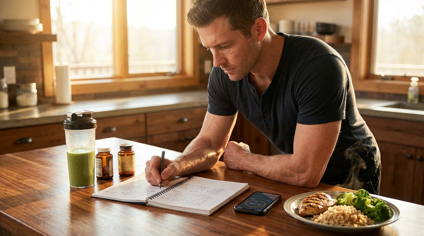 Man reviewing training log at kitchen counter with smoothie, supplements, and meal