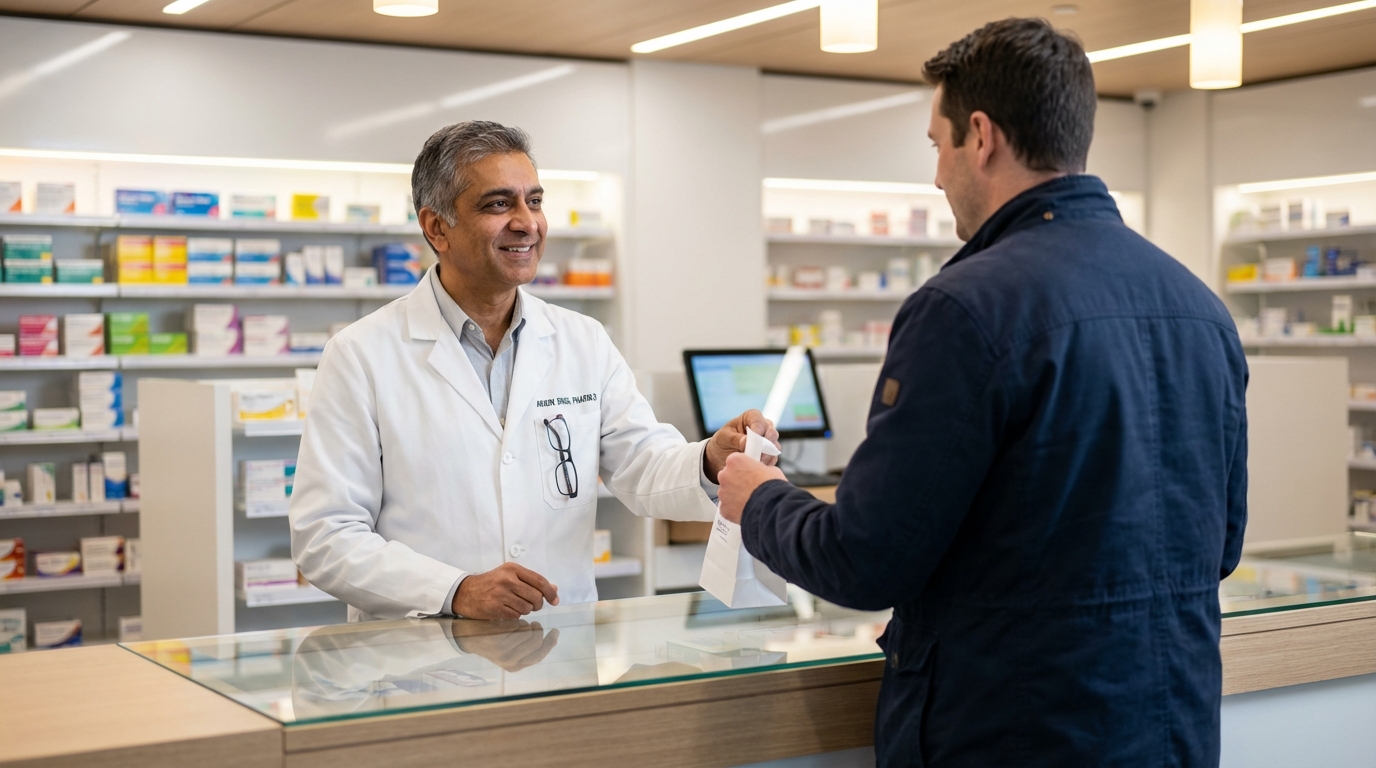 Pharmacist handing prescription to customer at modern pharmacy counter