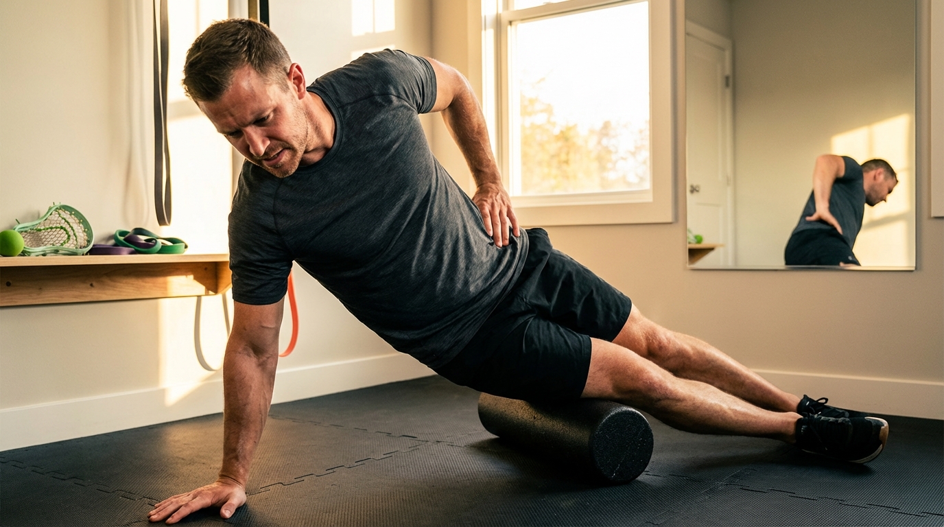 Athletic man foam rolling in a home gym recovery area
