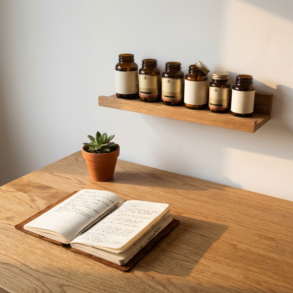 Supplement shelf with organized bottles and a journal on a clean desk