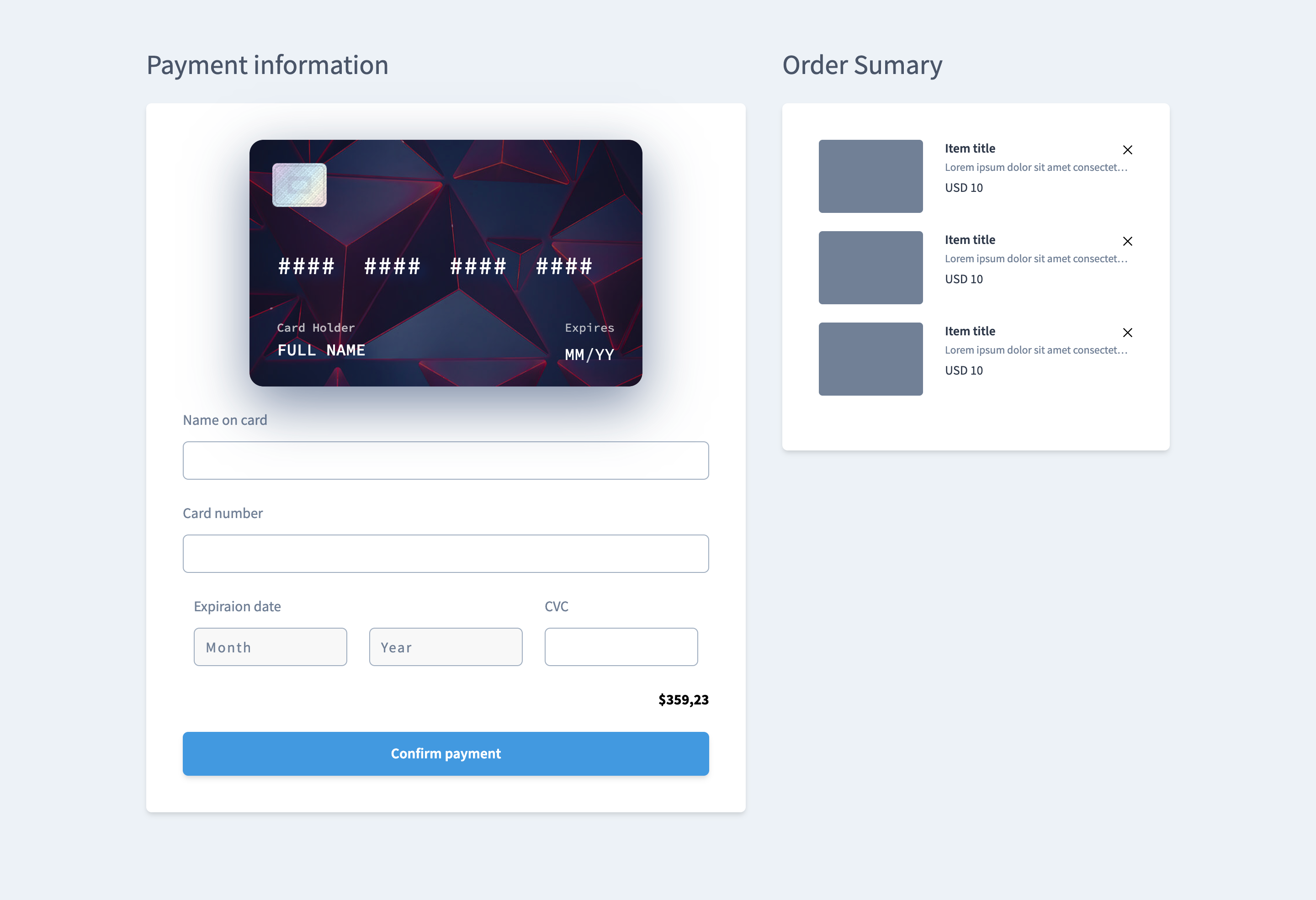 Interface of the payment information and order summary.