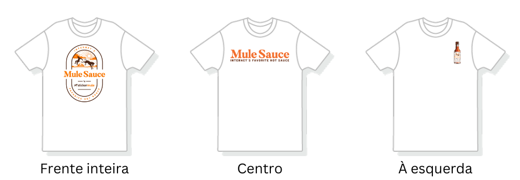 t-shirts personalizadas com designs impressos em diferentes sítios: frente inteira, ao centro e à esquerda