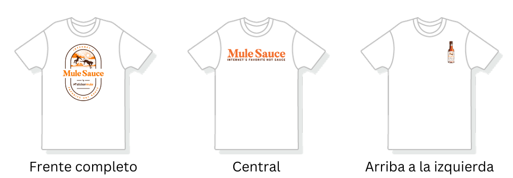 Playeras personalizadas con diseños impresos en diferentes ubicaciones como frente completo, centro del pecho y pecho izquierdo