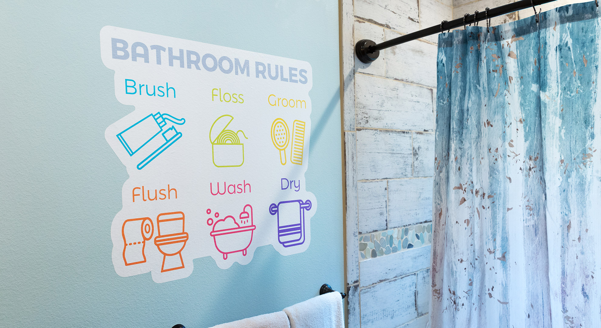un sticker mural personnalisé avec des rappels de tâches dans une salle de bain