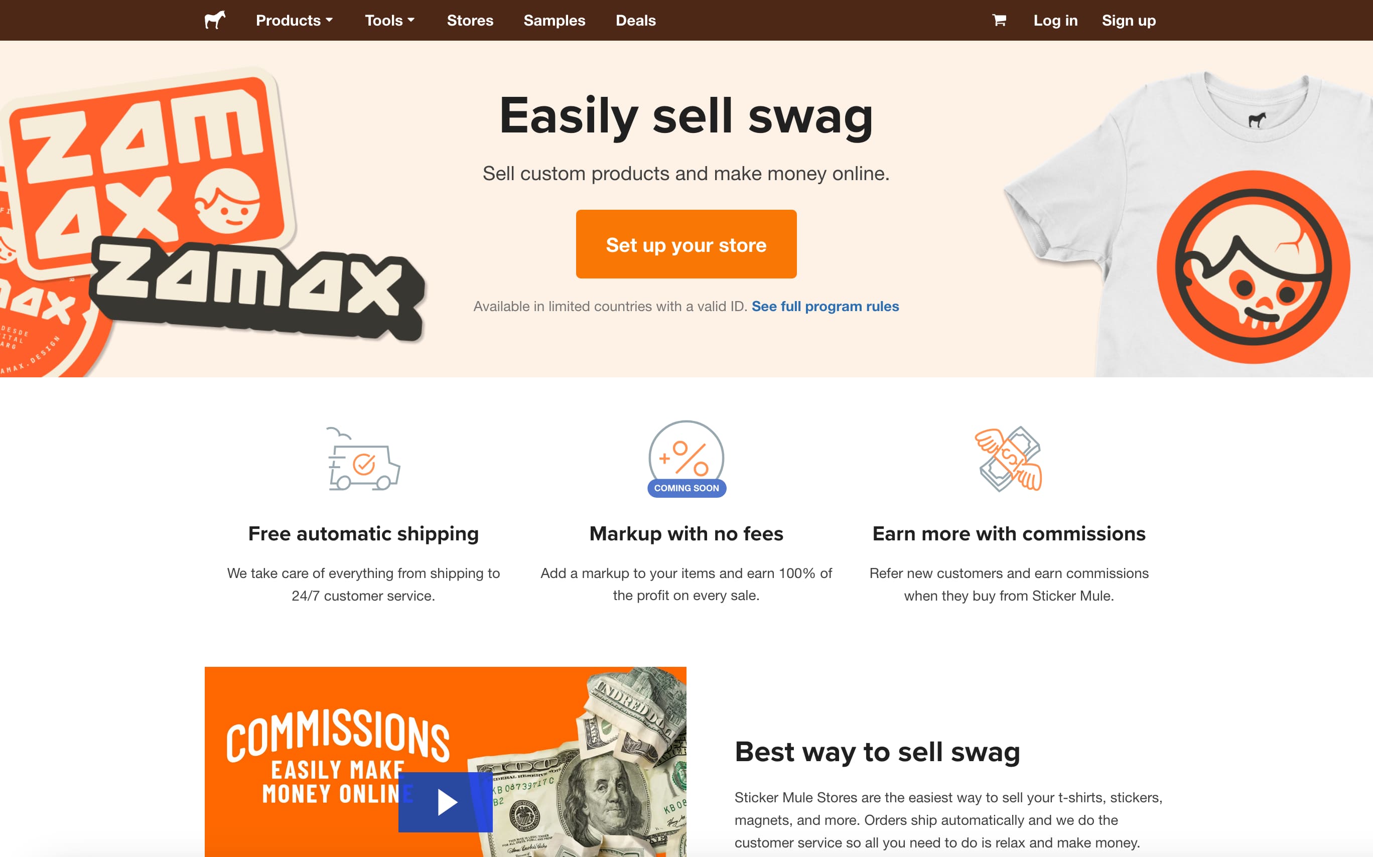 Homepage of Sticker Mule Stores, a way to easily sell items such as stickers and t-shirts to make money online.