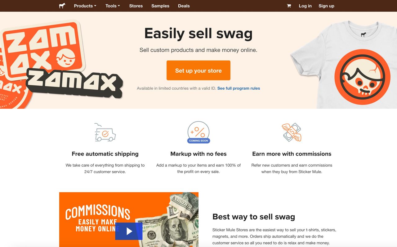 Page d'accueil de Boutiques Sticker Mule, un moyen de vendre facilement des articles tels que des stickers et des t-shirts pour gagner de l'argent en ligne