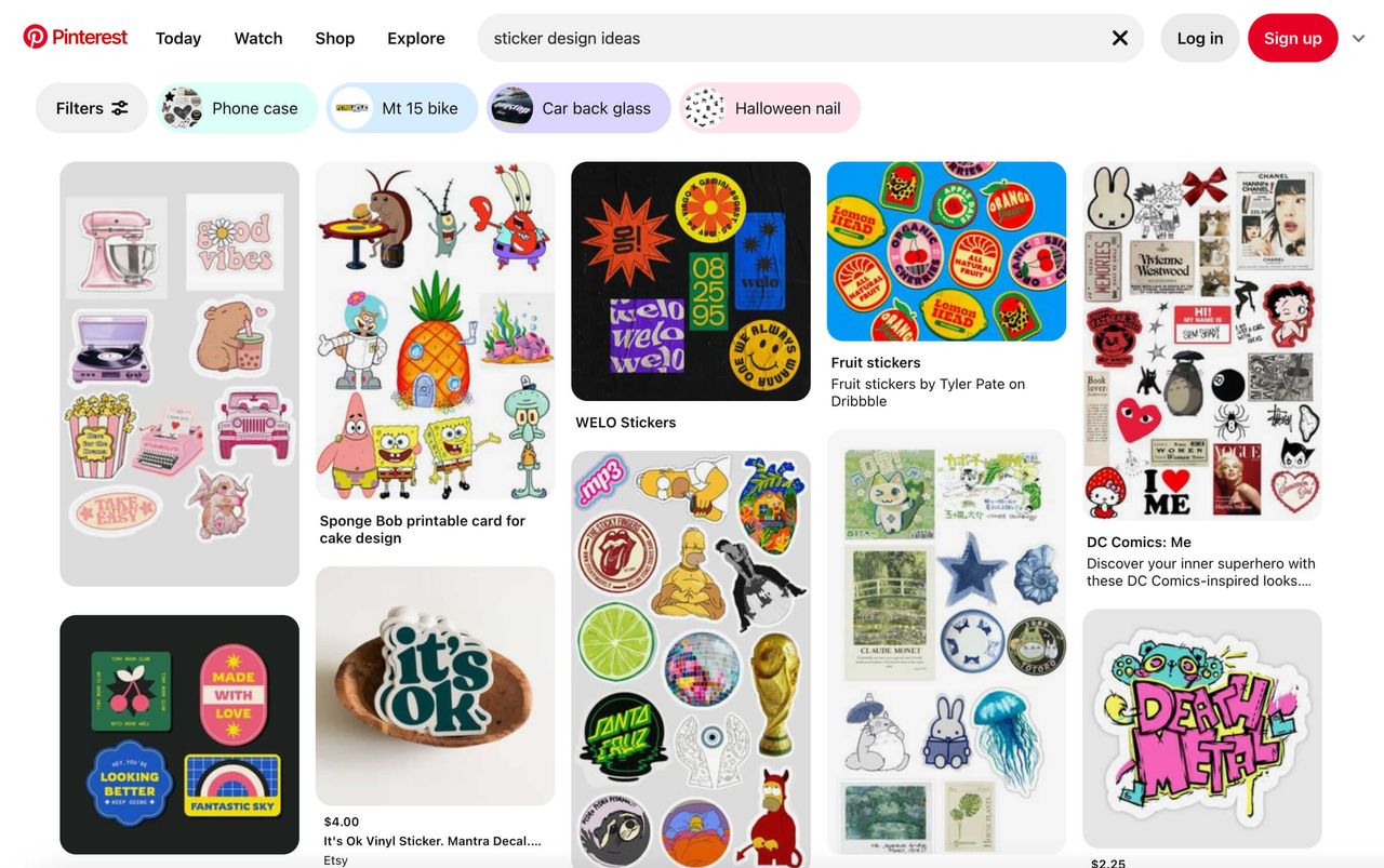 Resultados de Pinterest para 'ideas de diseño de pegatinas' muestran pegatinas retro, juguetonas y temáticas como pegatinas de frutas, pegatinas troqueladas y gráficos vintage.
