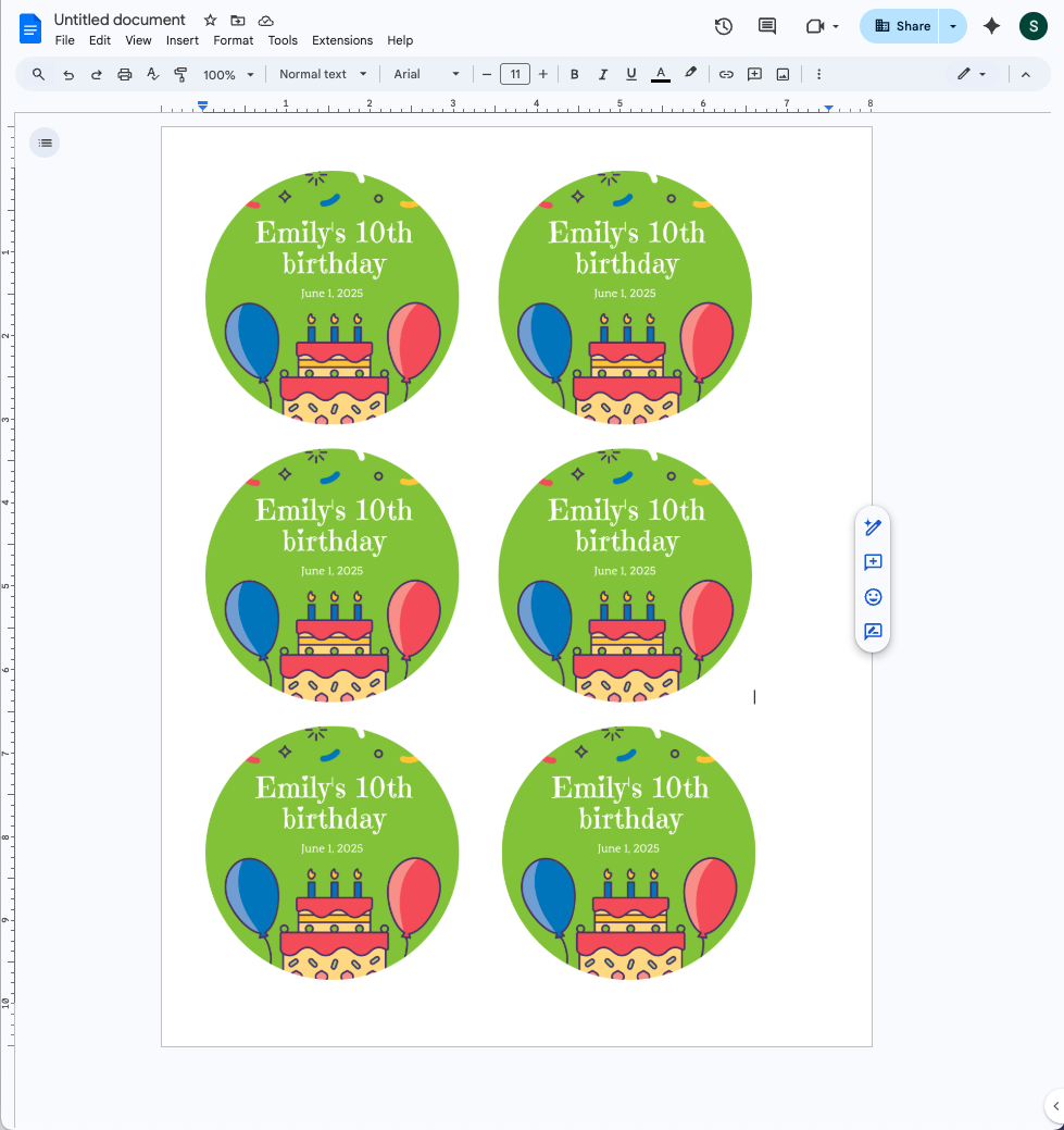 varios diseños de stickers en un Google Doc