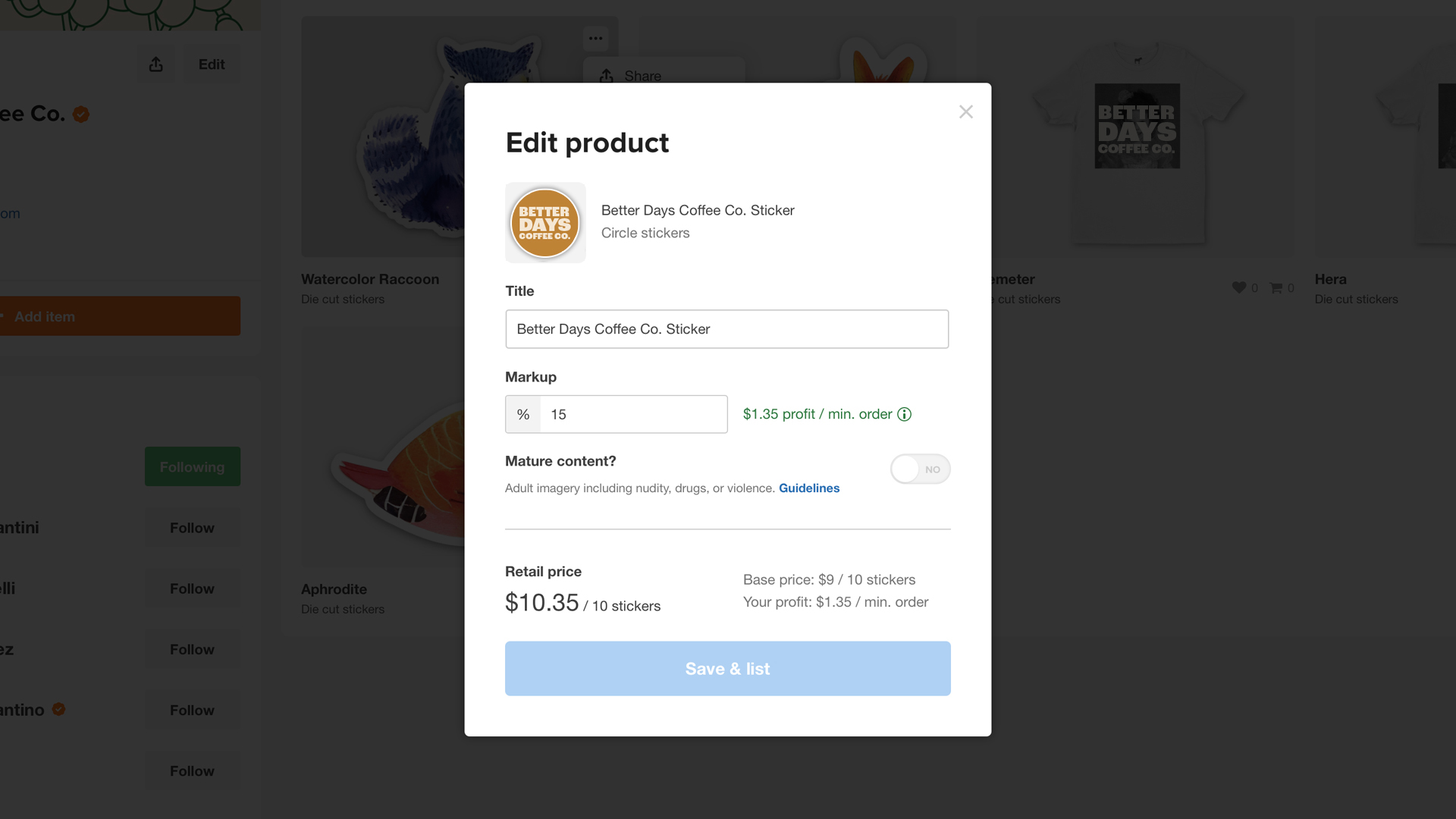 información del producto para vender pegatinas