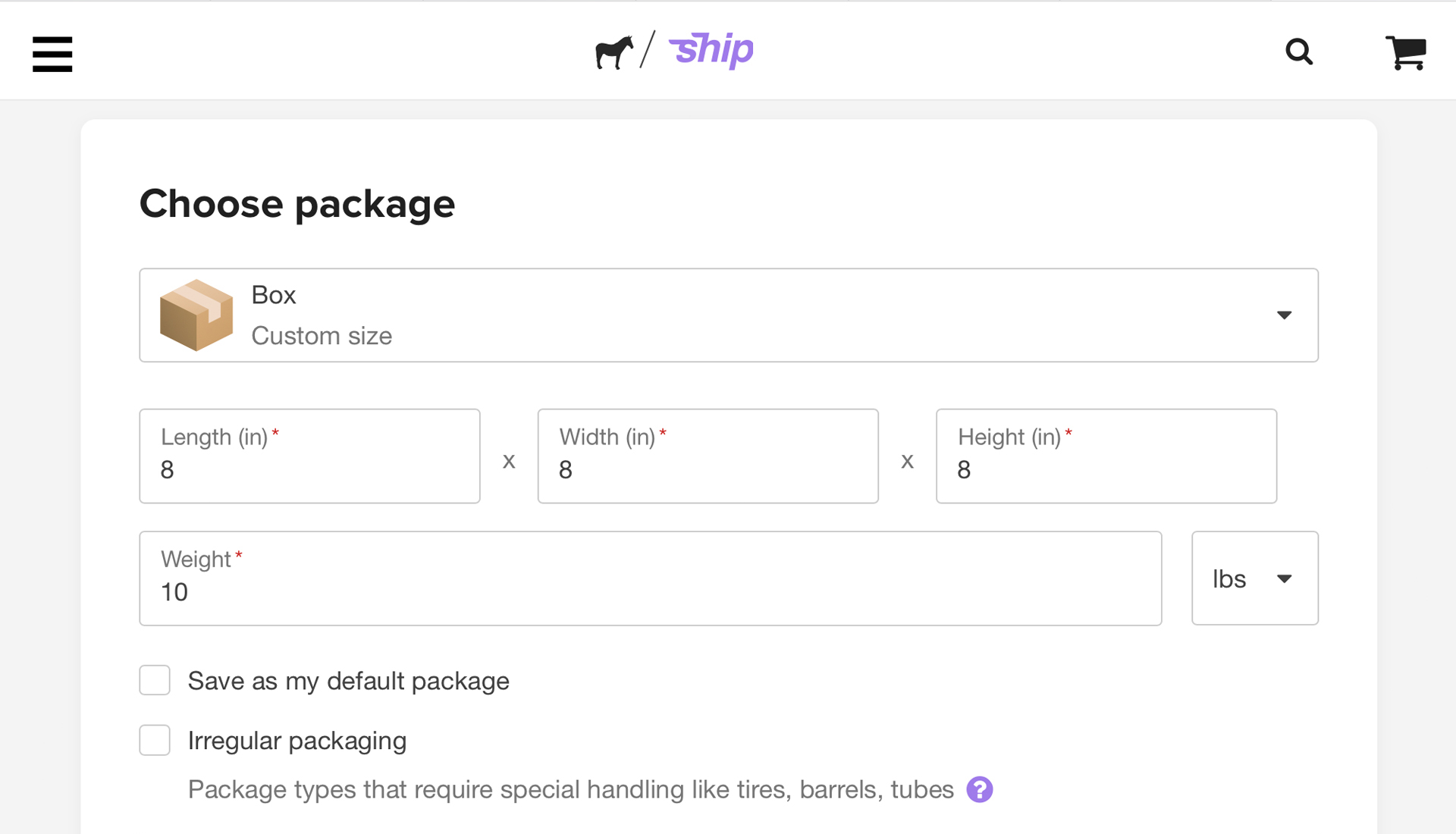 choose package information on sticker mule ship