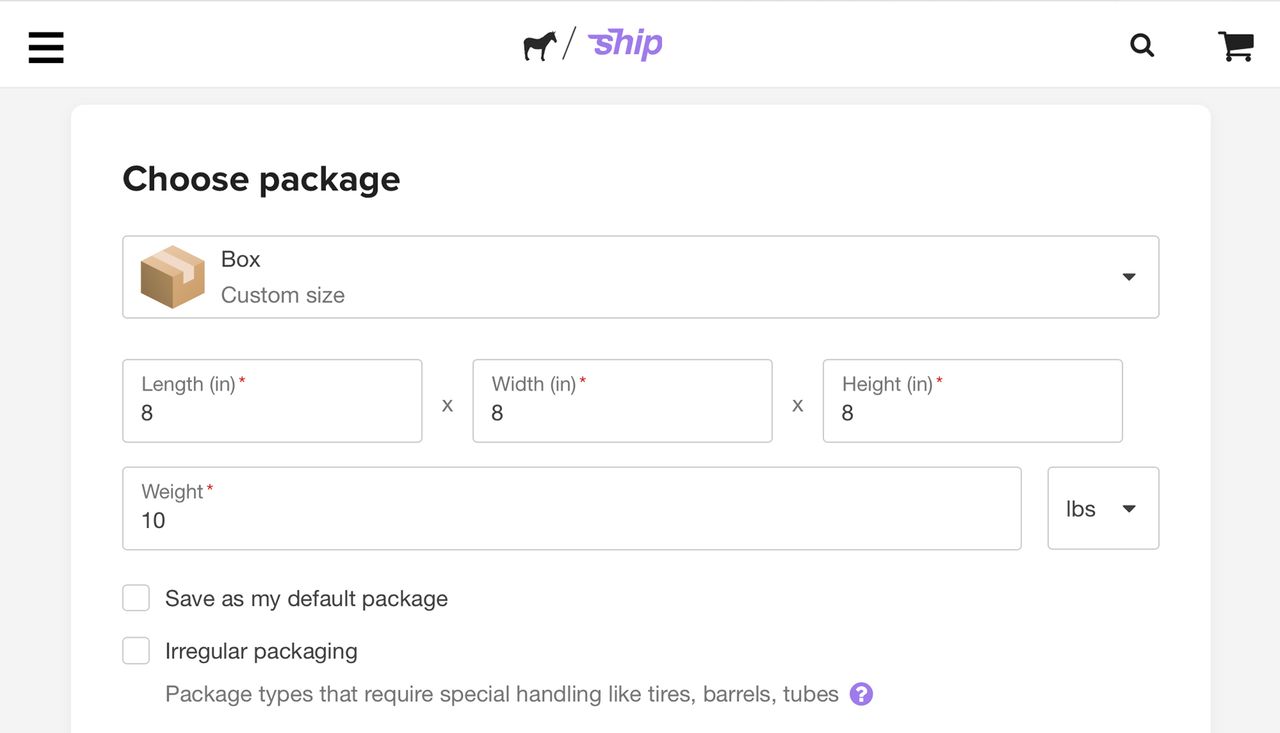 escolher informações sobre a embalagem no ship da sticker mule