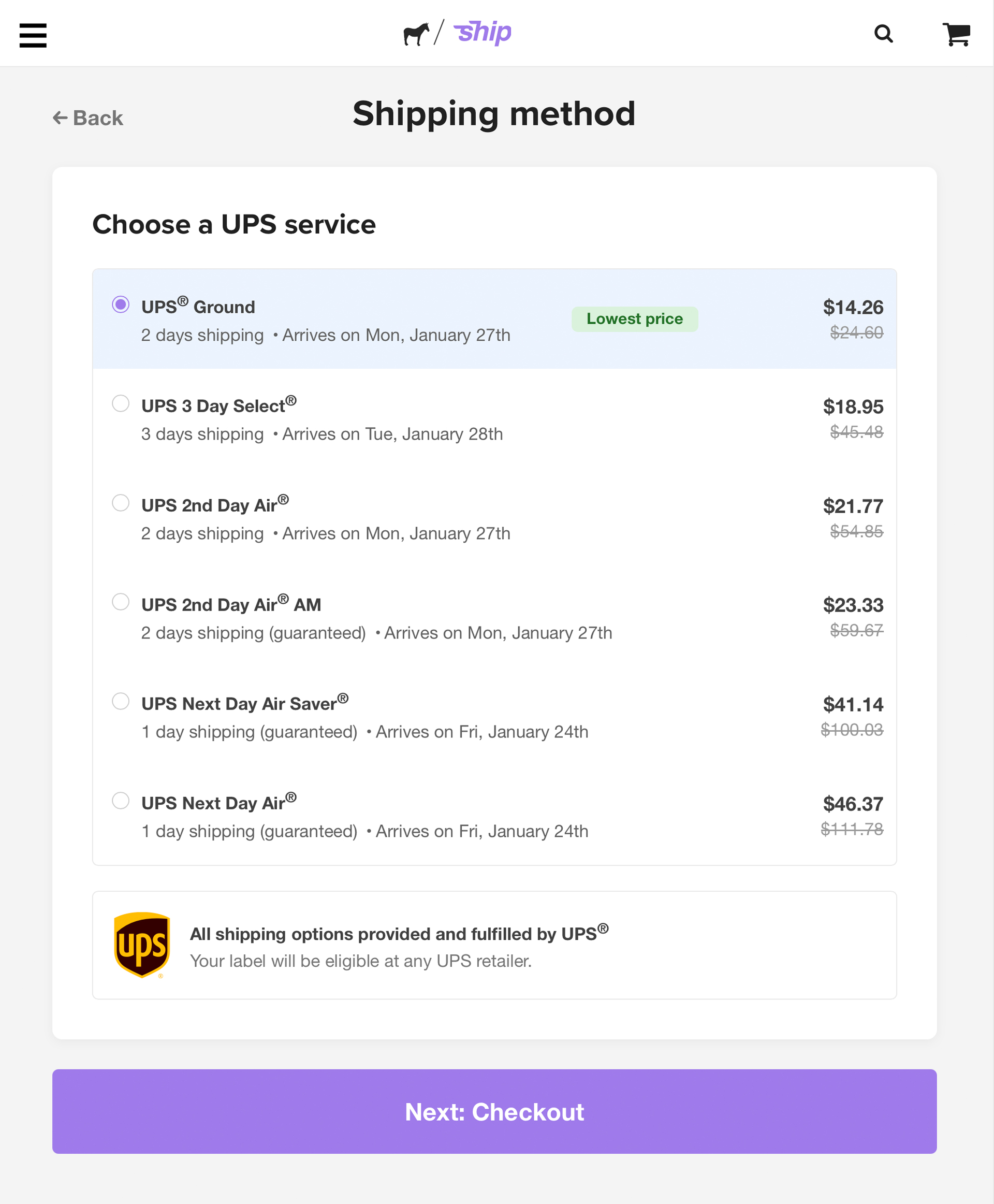 choosing a ups shipping method on sticker mule ship