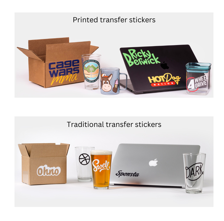 stickers transferibles a color y stickers transferibles tradicionales en cajas, tazas y portátiles